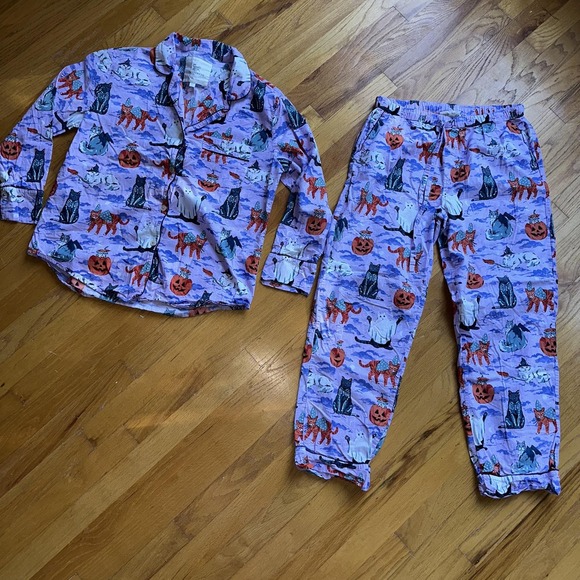 Printfresh Pajama Set Womens Small Purple Halloween Cats Pumpkins Ghosts Print - Picture 1 of 9
